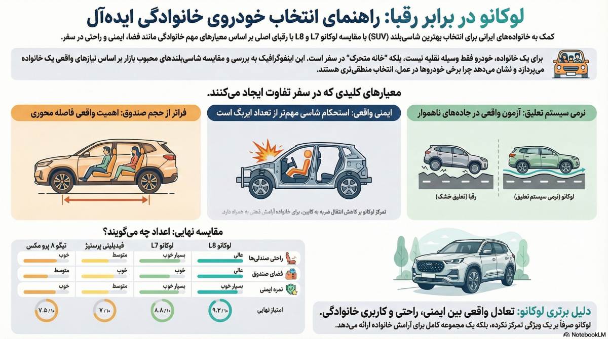 بهترین ماشین خانوادگی ۱۴۰۴ | مقایسه تیگو ۸، فیدیلیتی و لوکانو L7 و L8
